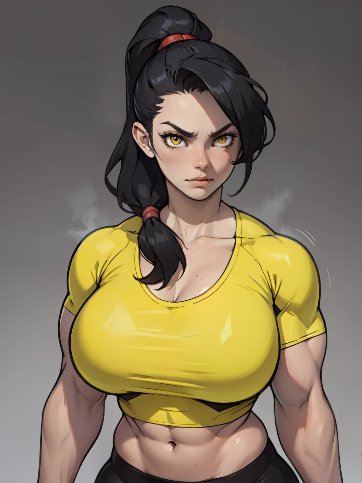 pale ((((((girl)))))) (((((muscular))))) ((((thick perky breasts toned body)))) angry black hair yellow eyes sweaty shiny skin