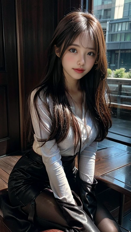 ((highest quality、8K、masterpiece:1.3))、standing、sharp focus:1.2、(realistic、Photoreal:1.37)、laughter、turn to the audience、put one's feet in front of the audience、beautiful face woman、28 years old、pointed chest、NSFW、long eyelashes、colored contact lenses、big 、Delicate、very fine eyes、highly detailed eyebrows、(sharp eyebrows)、(thin eyebrows).highly detailed face、(brunette tousled hair:1.3),Black Long Sleeve Knit Turtleneck、small necklace、((Fringed Pocket Tweed Mini Skirt))、((Thin and transparent pantyhose:1.4))、beautiful thighs、from below、detailed background(8K、masterpiece、highest quality、Raw photo)、Knee-high boots、Touching the thigh、raise one knee、A quiet residential area,(shining smile:1.5)