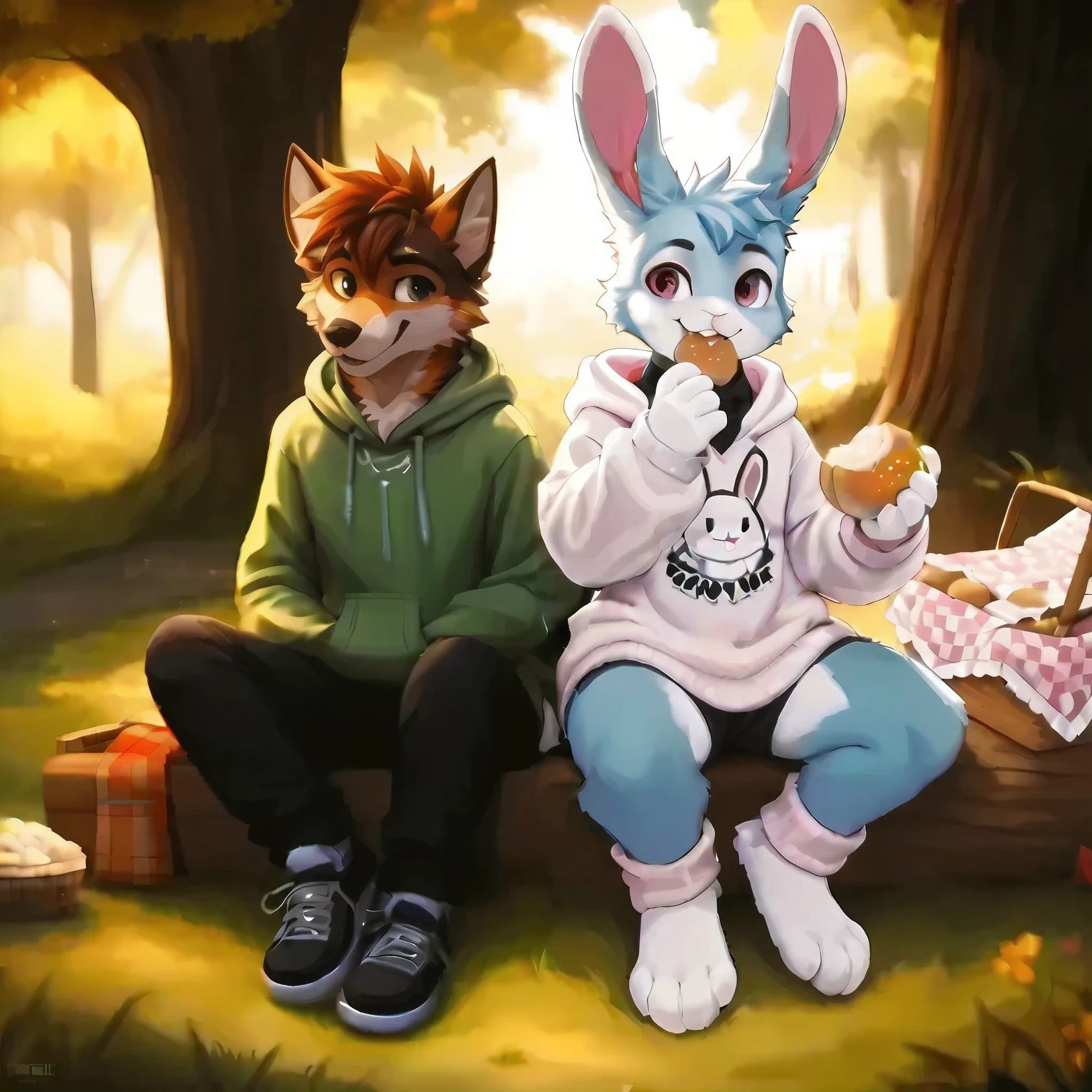 [🐺+🐰] [CrossOver/Collabs] [Genofur & KuroRabbi] [Prompt Duo-Practice Test*] - correction, Original, anthro, slender, KuroRabbi, rabbit, DTkr, blue furs, paw, wearing jumpers, hooded, pink, sweater bunny logo, socks, ((picnic basket)).