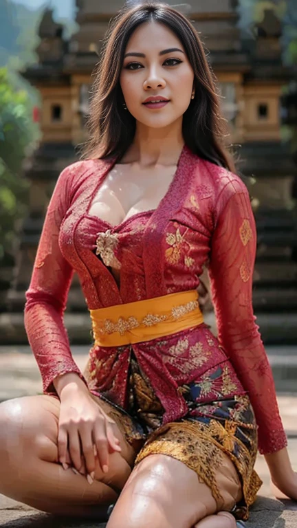 masterpiece, malaysian girl, indonesian girl ,ultra realistic,32k,intricate details, sharp focus, realistic, closed, seductive pose, black eyes, jewelr, lips, realistic, looking_at_viewer, wet skin, shiny skin, SHORT SLEVES, indonesian clothes, bali, balinese, cityscape, transparent standing pose,(( red kebaya)),perfect breast, big breast, full body,busty body,curvy body,long hair,beauty face,cowboy shot,