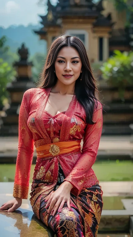 masterpiece, ultra realistic,32k,intricate details, sharp focus, realistic, closed mouth, full body, shiny skin,  seductive smile,  seductive pose, black eyes, jewelr, lips, realistic, looking_at_viewer, irene1, wet skin, shiny skin, long sleeves, indonesian clothes, bali, balinese, cityscape,  dynamic pose,((red kebaya)),full body,busty body,curvy body,long hair,beauty face,cowboy shot
