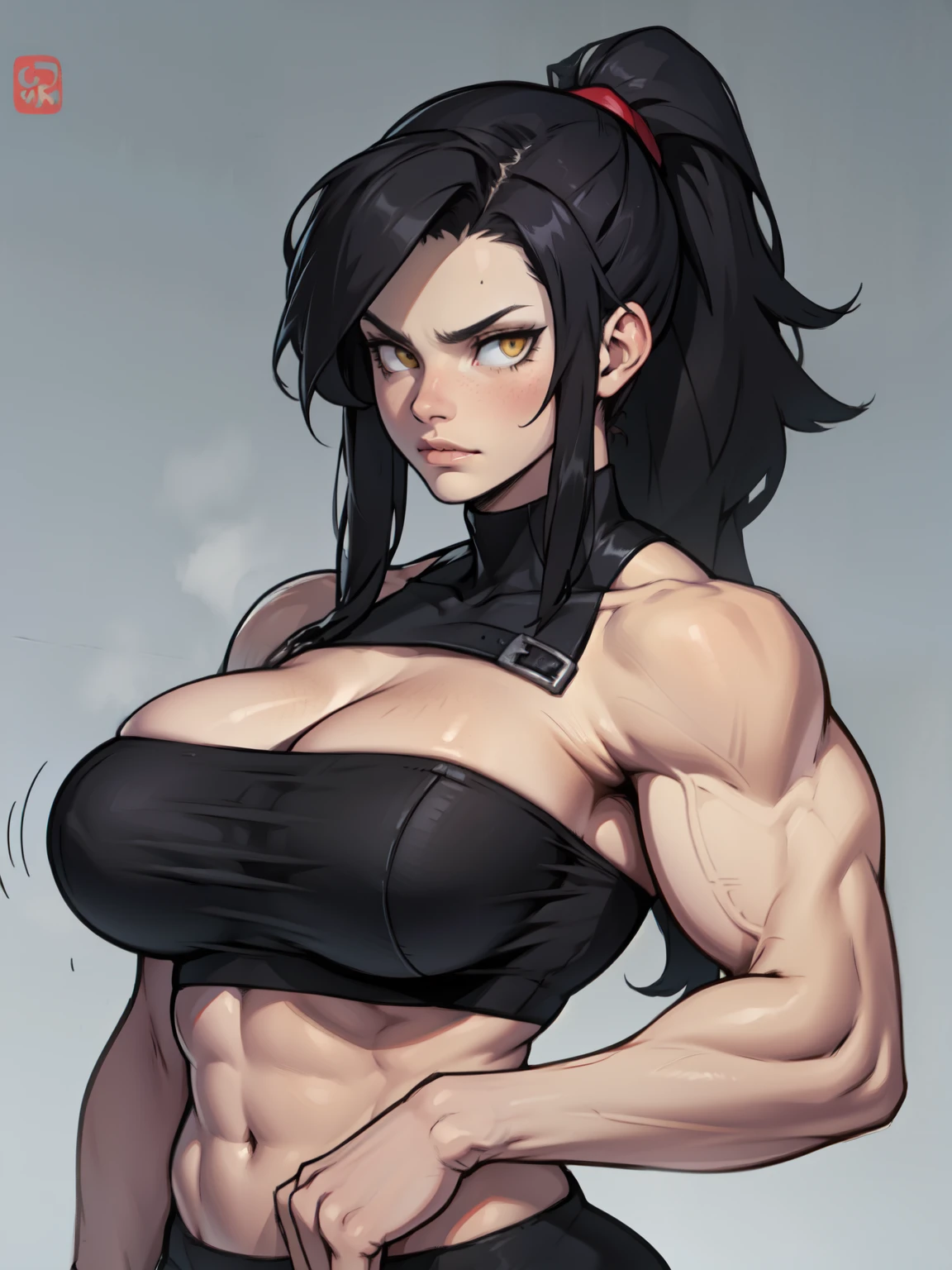 swole girl black hair yellow eyes pale skin disappointed anatomically correct breasts
