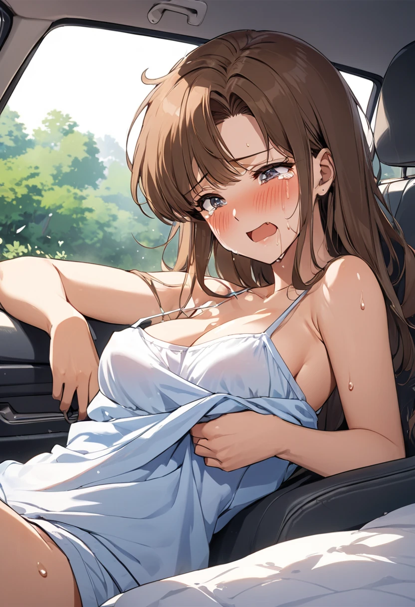 blue sky,cloud,In the car,Lying on your back,,1 Girl, Red eyes, Twin tails, brown hair,((顔 focus)),upper body,naked, bangs, eyebrows visible through hair, Small breasts,1boy,Put your face on my chest