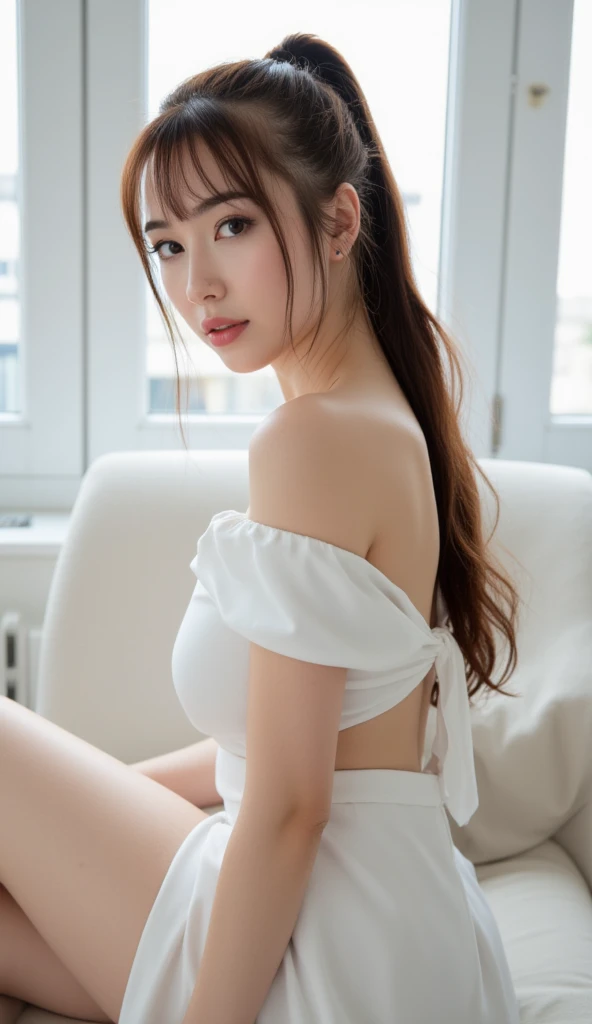 Realistic photos、Focus on the face of a cute high school girl、Bikini、Beautiful sitting , Sit well, Taken from the opposite seat, skirt, High heels, pantyhose, 