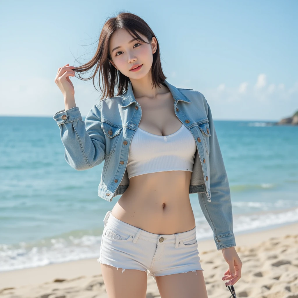 (High resolution photo, bust, 1 girl, 28 years old, woman, facial details, baby fat, waist accessories, smile, showing less teeth, white skin, full body, office outfit with mini denim shorts, model pose, studio lighting, at the beach)