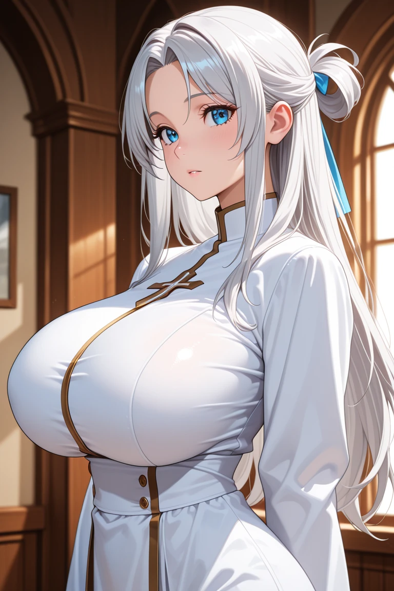 Anime, age girl, big breasts, white hair, white skin, white dress, long hair, สวยและcute, gentle nature, Moles at the corner of the lower mouth, orange eyes, Real Lifestyle, Private outfit, cute