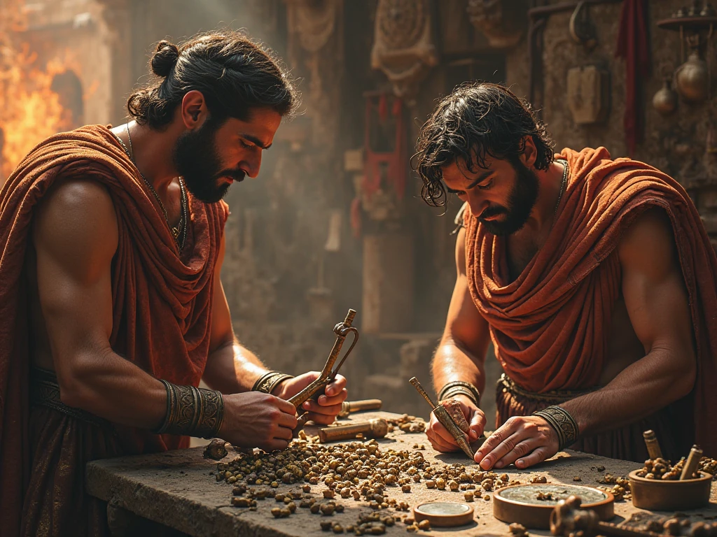 Illustrate Minoan art beyond frescoes, (((highlighting metal objects2))), ivory and stone. (((Show artisans in action2))), creating pieces adorned with motifs [natural and marine1], reflecting the aesthetic sensibility of civilization. Capture the richness of detail and beauty of the materials used.