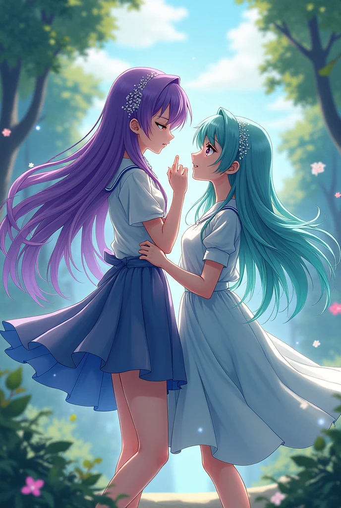 Long Purple hair, pink bow, blue dress, purple eyes, bowing,  2 person, short fluffy purple hair, multicolored tank top (purple, light purple, violet,) white shorts, kissing person 1,