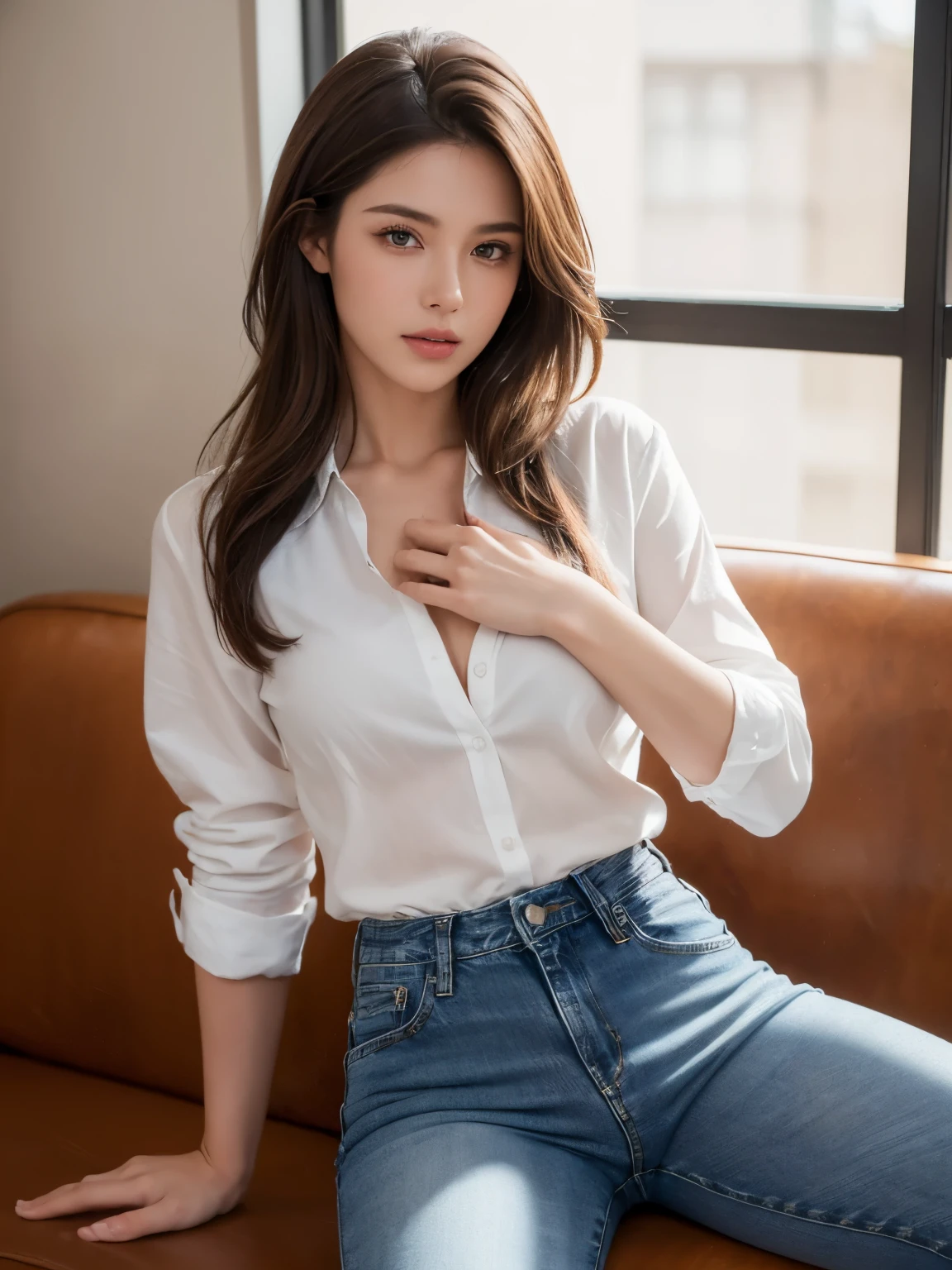 ((Highest quality, 8K, masterpiece :1.3)), Sharp focus :1.2, Beautiful woman with perfect figure :1.4, 1 Girl,Slim Abs :1.2, ((Dark brown hair,chest :1.2)), (White long formal shirt)(Unbutton your shirt.), cafe background:1.2, Highly detailed face and skin texture, fine grain, double eyelid,Beautiful Hands，Five Fingers,Fashion model posing,Full body portrait,Cowboy Shot, ((low rise jeans)),Cast a Shadow,Sitting on the sofa, Binding one&#39;s arms with a rough rope、The rope bound her body.,((Tying over clothes,Put your arms behind your back, Suppressed, Rope bondage:1.4)),