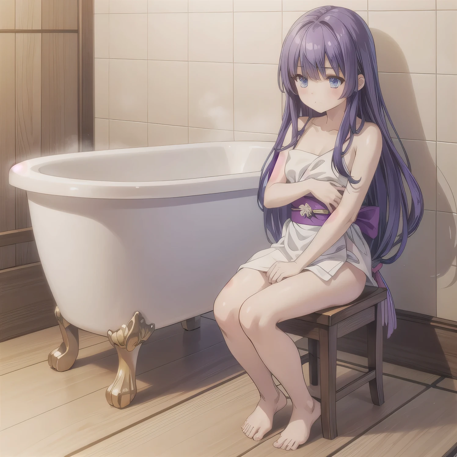 A beautiful woman in a A narrow, compact Japanese bathroom, with tiled walls, a small bathtub, and a wooden stool beside it. Steam fills the room., sitting in seiza style , politely waiting to greet someone.The character is wrapped in a towel around the body. Purple hair, long hair, blue eyes.