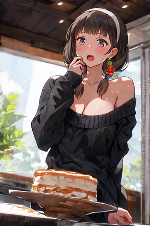 (small breasts:1.2), (perky chest:1.2), (pointed chest:1.2), (Pudding cake magazine cover:1.3),(from above:1.0),(from side:0.9),masterpiece, 1girl, Amazing Cleavage:1.1, thin waist, big ass, Raised sexy, posed cleavage:1.2、solo, looking at viewer, open mouth, have a cute grass of cute beergrass,black hair, dark green eyes, dress, bare shoulders, jewelry, collarbone, sidelocks, hairband, earrings, indoors, off shoulder, sweater, arms behind back, plant, short hair with long locks, gild hairband, off-shoulder dress, sweater dress, off-shoulder sweater, red sweater, dark gord hair, big side hair, very long side hair,is rendered in (masterpiece: 1.2, best quality), with (ultra high resolution) and an exquisite (depth of field). This masterpiece is not only visually stunning but also tells,A scene of cooking in the kitchen by classroom
