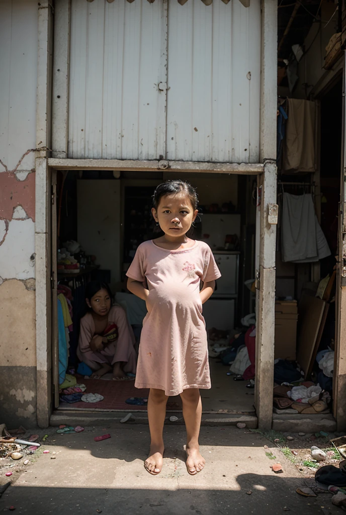 (2-year-old Thai girl with brown skin), (kindergarten), naked, holding a white towel and hiding crotch, flat chest, short legs, unkempt hair, (solo), (detailed full body RAW photos), (masterpiece: 1.0), (best quality), (ultra high resolution), (photorealistic), 8k resolution, Canon EOS (bedroom: 1.2), abandoned house, slum, poor, broken, dusty room