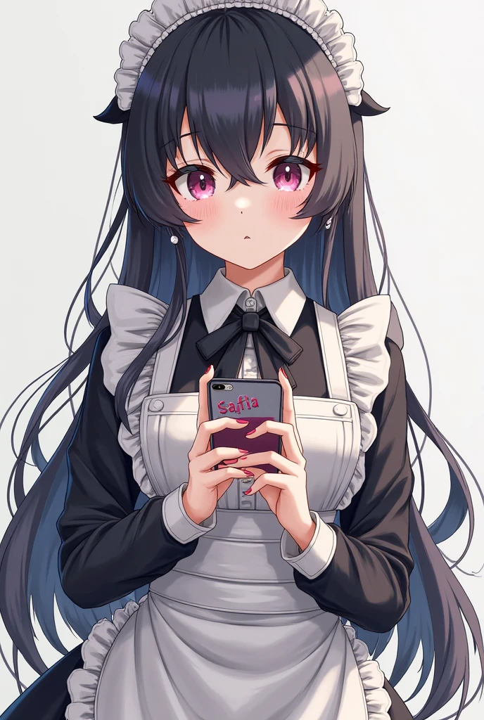 by jojomaki, karin \(blue archive\), 1girl, solo, dark-skinned female, pantyhose, gloves, long hair, dark skin, apron, white gloves, maid headdress, yellow eyes, white pantyhose, black hair, halo, phone, short sleeves, breasts, white apron, heart, holding phone, holding, bangs, maid, dress, black dress, puffy sleeves, looking at viewer, puffy short sleeves, cellphone, blush, white background, frills, bowtie, bow, smartphone, large breasts, maid apron, very long hair, frilled apron
