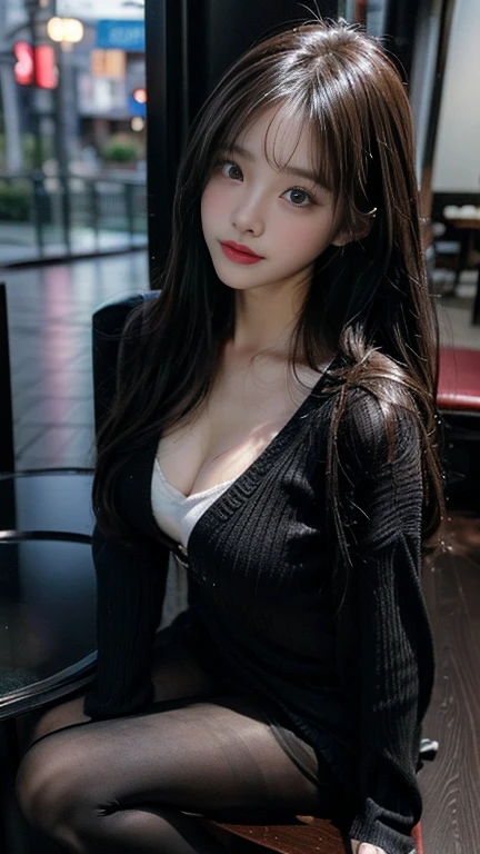 Non-NSFW、Realistic、Highest quality、Highest quality、masterpiece、Ultra-high resolution、RAW Photos、Realistic、Bright lighting、Face Light、Smooth Professional Lighting、Looking into the camera、alone、Adult female、Beautiful woman、Super Beauty、Realistic肌、Moisturized Skin、Realistic eyes and faces、Perfect model body shape、Beautiful Eyes、Big eyes、Inconspicuous tear bags、slim、Very good、Beautiful fingers、Very long hair、Jet Black Hair, (amber eyes)、iris、looks happy、(Both ears are covered by hair), (Thigh-length long knit shirt:1.3),(Off the shoulder:1.1),In the city, Small Ass, (Large Breasts:1.1),(Venus' Nipples:1.2), Königsreuter、Sexy Random Poses,(Are standing:1.1),(From behind:1.6)