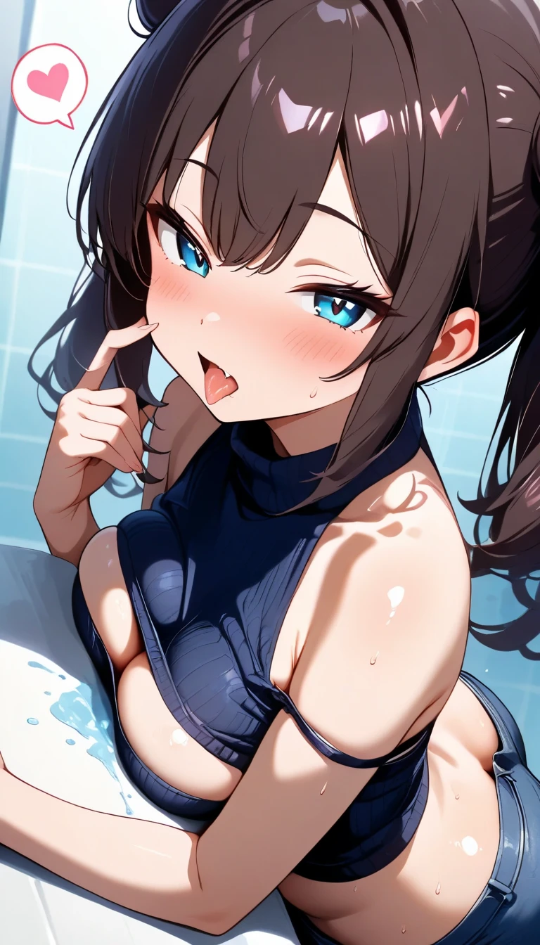 Duo, score_9,score_8_up,score_7_up, source_cartoon, source_anime, 2 people, a tall thick dark skin woman with black hair in a ponytail and green eyes wearing a red one-piece swimsuit, a big white man with big dick, woman is giving man a blowjob, woman is on her knees, man is grabbing both sides of woman's head, nsfw
