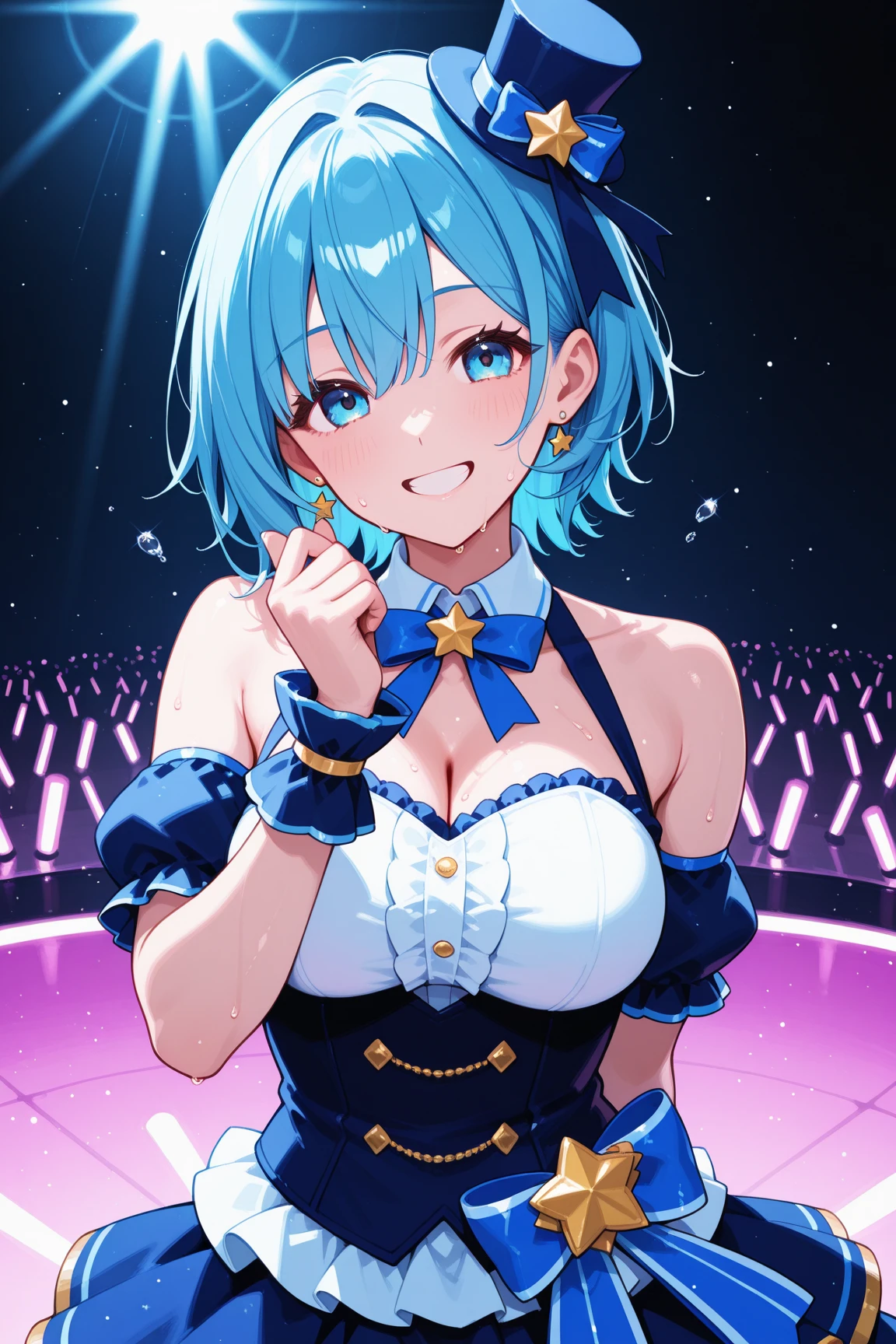 anime style, 8k, super detail, best quality, high details, beautiful ilust, slender girl and large crowd of onlookers, crying girl, shy face, streaming tears, blue short hair, blue eye, black short skirt, vagina without cover, open vagina, opened legs, pink nipples, nipples without cover, smoll chest measurement