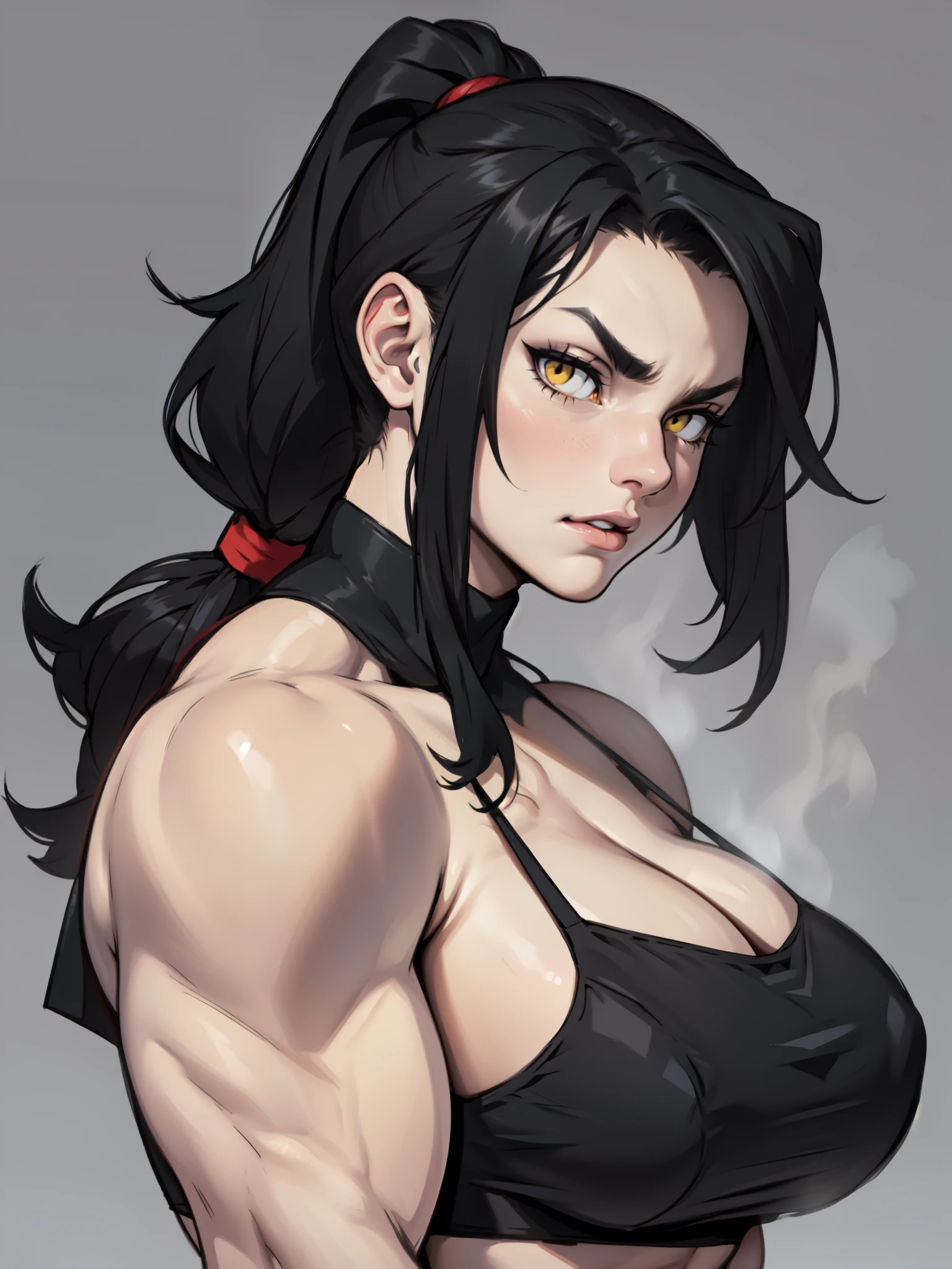 girl muscles huge breasts pale skin very long hair black hair yellow eyes sad blushing solo frown ponytail