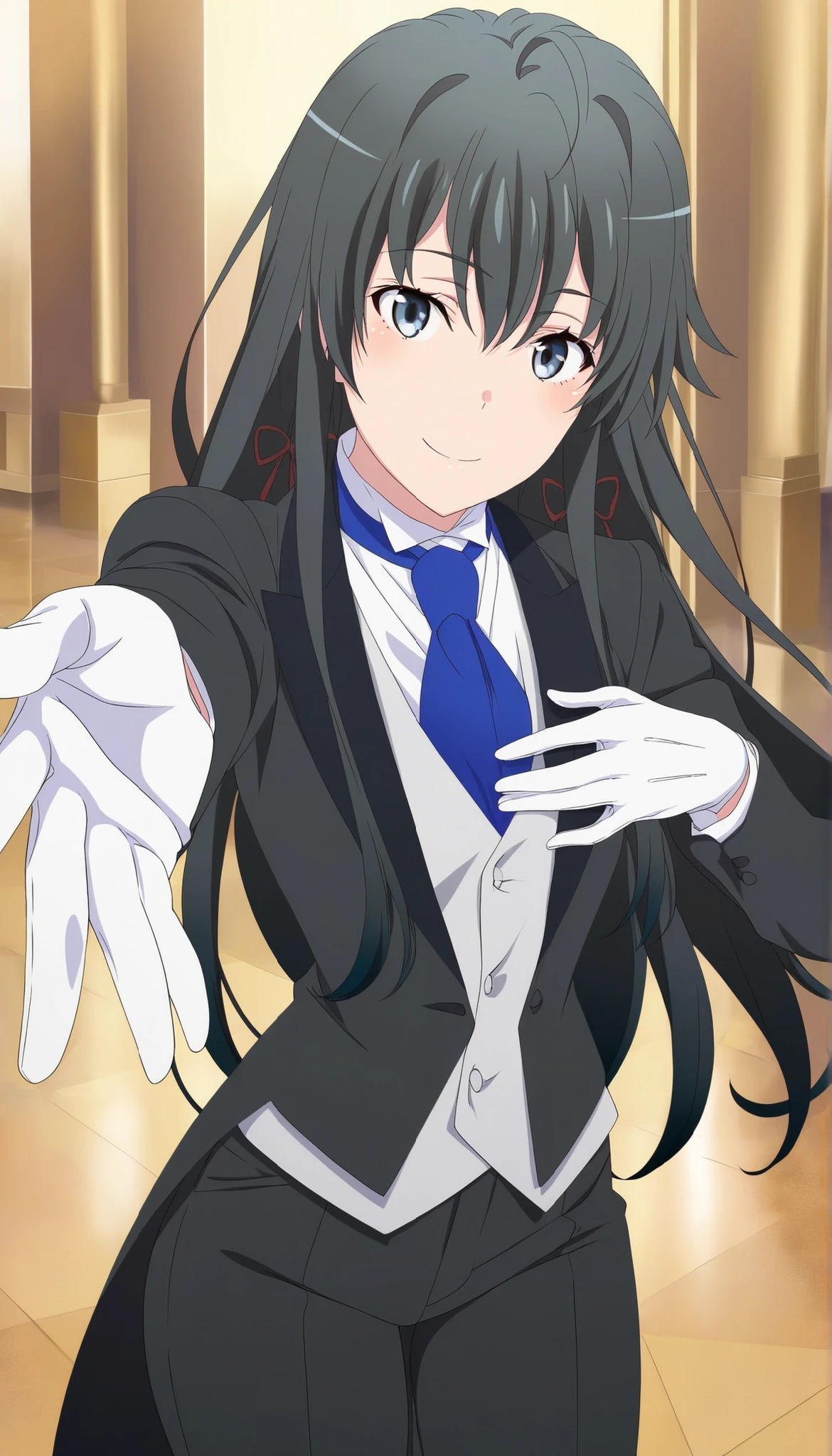 masterpiece, best quality, very detailed, , masterpiece, best quality, eyelashes, (Beautiful Eyes), cowboy shot, anime, Official Illustration,,,in front,,,1girl, solo, standing yukinoshita yukino, blue eyes , black hair,,long hair,, tuxedo tailcoat, butler, blue necktie, black pants, white gloves , soft thighs,cool smile, reaching at viewer, handsome girl, shinny eyes , narrow waist, elegant pose, standing , one hand one chest