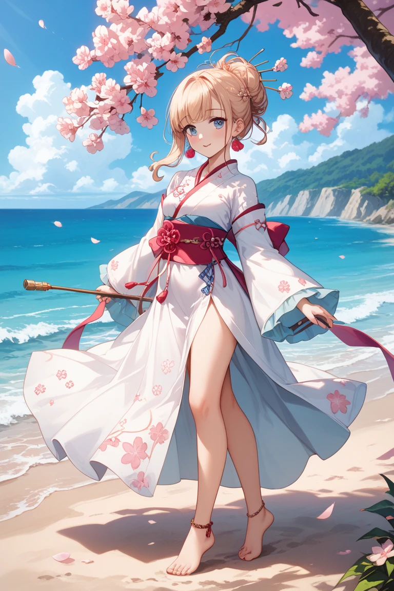 masterpiece, best quality,1girl, <lora:Mirin-30:1>,mir1nb, white bikini, hair ornament, red panties, green bikini skirt, wide sleeves, single side thight strap, oil-paper umbrella, sandals