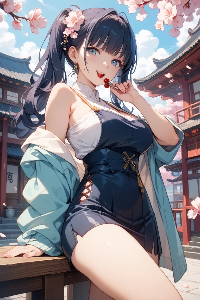 (top-quality、in 8K、32K、masterpiece、nffsw、ighly detailed:1.2)、sideshot、Full body, blue open sky、Chinese towns、beauitful face、blurry backround、20-year-old beauty、shinny skin、black colored hair、Bun hair、Blue eyes、Chinese clothing、Floral hair ornament、raise arms、miscievous smile、thighs thighs thighs thighs、On all fours、PAW Pose、