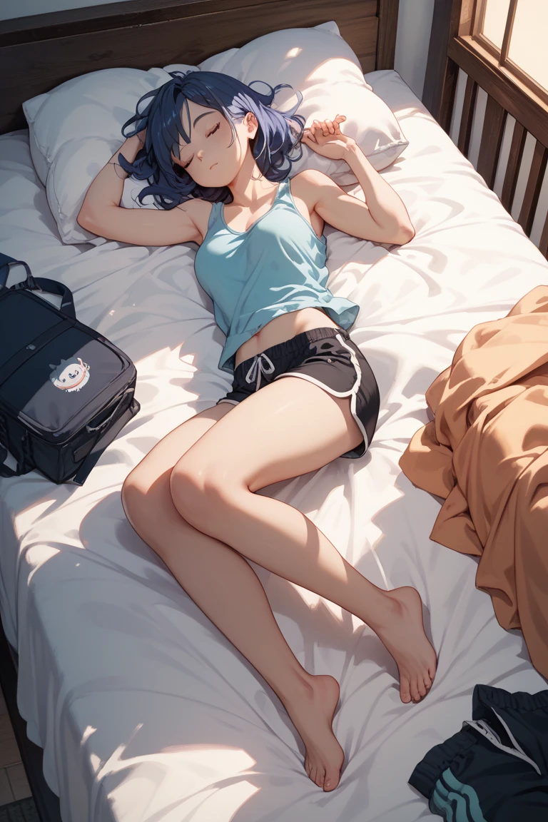 masterpiece, 8k, 1 girl, Looking at the audience, full body, shy face, ( expression details : 1.3 ), ( professional lighting), pony style, crop top underwear, no bra, Stomach, shorts, (lying: on the bed), wet, wet clothes, sweaty, wet hair, hard nipple, medium chest, showing body, Extend both hands, ( distance 0.8 )