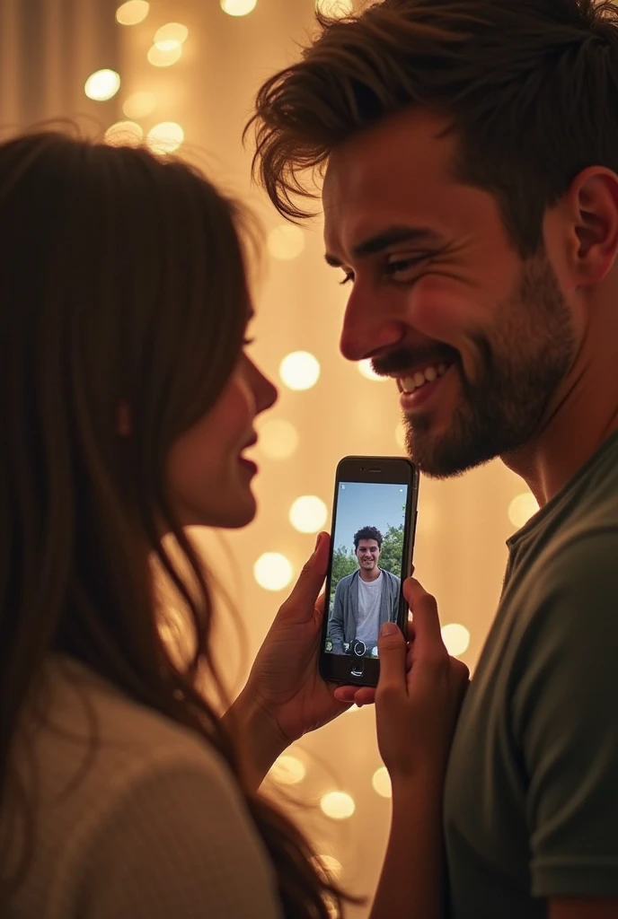 A young couple is standing in front of a large, round mirror in a cozy, dimly lit bedroom. The room is softly illuminated by warm, yellow lights, casting a gentle glow on their faces. The girl is wearing a casual, white t-shirt and jeans, while the boy is in a navy blue hoodie and khaki pants. They are both smiling and looking into the mirror, with the girl holding a smartphone in her right hand, slightly angled to capture their reflection. The boy has his arm around her waist, and they are lean