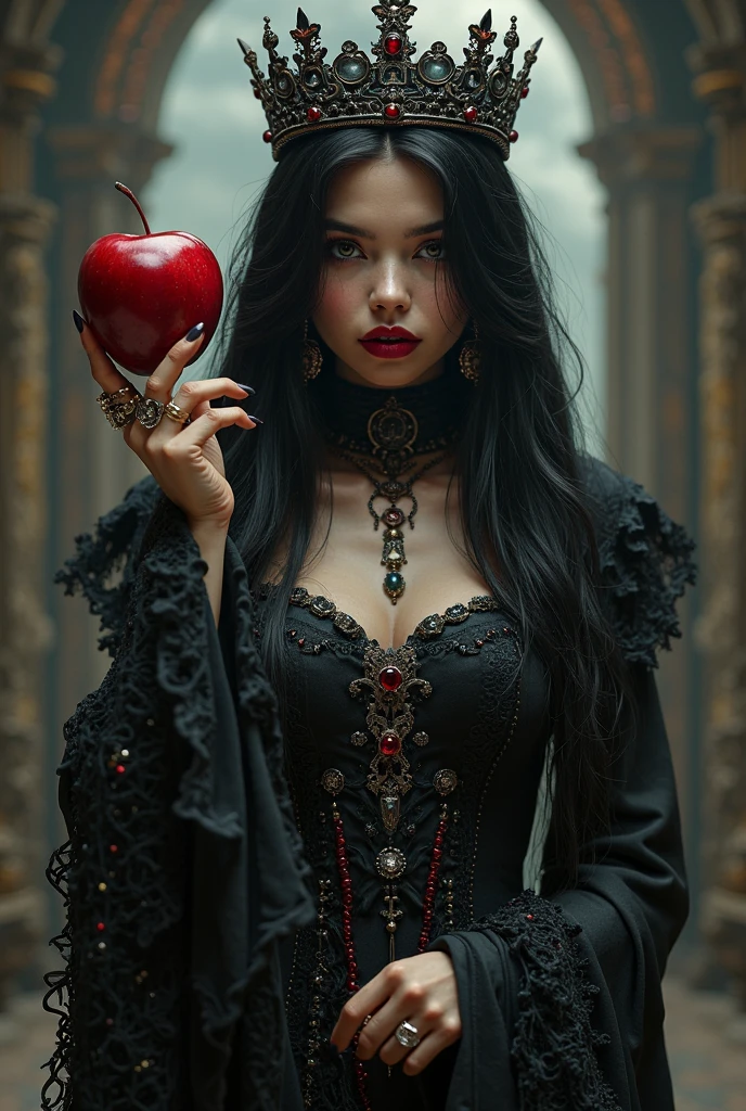 girl,Black long hair，Black Queen，Accessories，Apple in hand，Poison apples，Witch Queen，Red lipstick