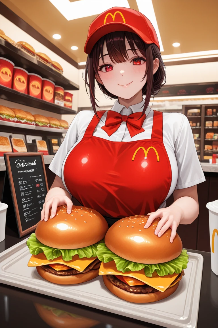 Highest quality, Super quality, 16K, Incredibly absurd, Very detailed, delicate and dynamic, SFW, Natural light, Small particles reflect light, Diffuse reflection of light, Vortex of Light, In-store pop, , Fast food restaurants, McDonald, hamburger, Sparkling, Create amazing image effects, cash register, Full body close-up, (cute sexy girl, firm busts, sexy long legs, hamburgerショップの店員, Sensual expression, fine, Active, smile, cash registerで接客, paper bag, , , black long hair, hamburgerショップのUniform, hamburgerショップの帽子をかぶる, Tifa Lockhart Final Fantasy VII )