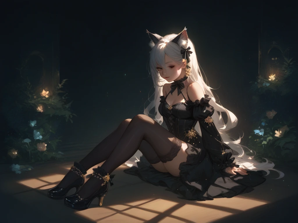Girl black silk long legs white hair
