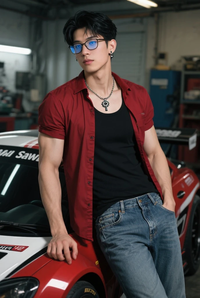 HD quality, high definition, male 18 years old handsome, muscular and slim, red lips, leaning against a sports car, naked exposed vagina, model with bracelets, earrings and Necklace, wearing head band and sunglasses, open red vest, full sexy body, mouth open, eyebrowse angry, side view, ((exposed vagina))