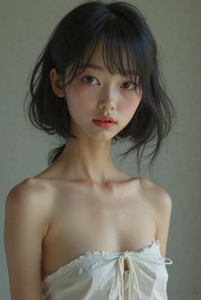 One person,alone, Upper Body,View your viewers, White Background, Bobcut, short hair, Multicolored Hair, compensate , Lips parted, Black Lips, eyeliner, Gothic, Goth Girl,((全身全naked)),(((nsfw))),((naked)),(smile)