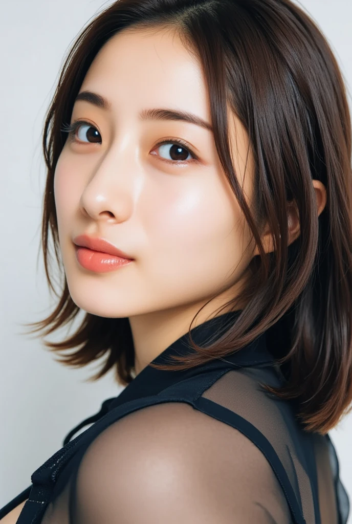 (Best Quality, 8k, 32k, Masterpiece, UHD: 1.2), Japan Beauties, Big, Very Short Bob Hair, Upper Body, Face Focus, Sweater, Simple Background, Watch Viewers