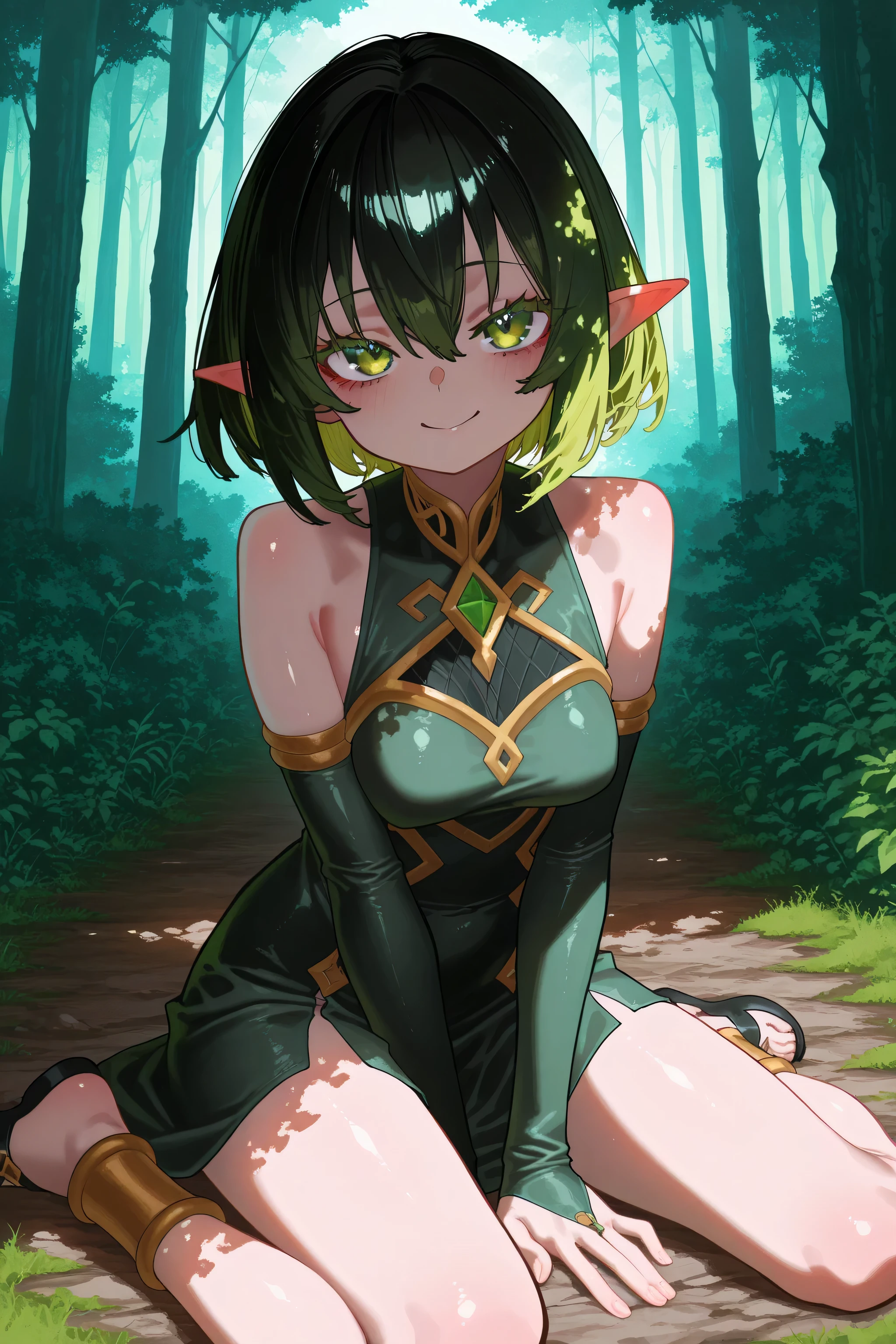 kmj-anonstyle, [artist:yoneyama mai], (atahuta:0.5), [artist: ekrea_jan], aruhshura, masterpiece,best quality,amazing quality, 748cmstyle, solo, eye focus,  sitting on ground, looking at viewer anime screencap, smiling, green theme, green eyes, pointed ears, beautiful face, medium breasts, forest background, serene atmosphere
