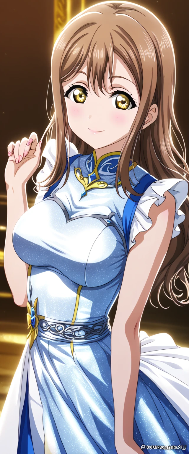 Young girl, long brown hair, blue eyes, blue top, sleeveless, open arms, open belly, chest neckline, pants, smile, masterpiece, high quality