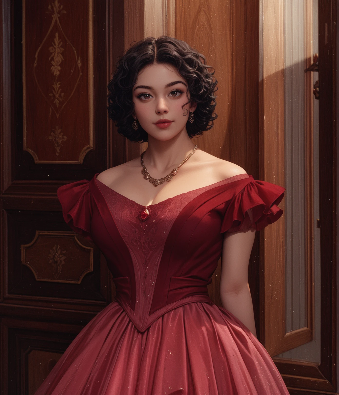 Young Winona ryder, caring expression, pale skin, red gown, victorian hair. Goth red background.