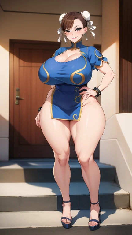 (4k, Prominence in Masterpiece, High Quality, Best Quality: 1.2) full body, 1 child female, solo, 1 girl, lustful smirking smile blush, looking at viewer, sitting on chair with legs crossed, big black thighs stocking, big breasts (cover with blue) ((SFW)), hands on hips, wide hips, blonde long hair, blonde drill hair, blonde twin drills hair, blue wizard hat, Handcuffs on their hands, With a collar around the neck