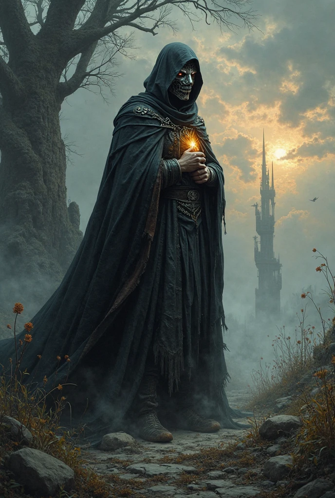 concept art the scene unfolds in a forest cloaked in a veil of fog, the kind that seeps into your bones and leaves you feeling as if you're walking through a dream. the trees, stripped bare of their leaves, stand like skeletal fingers reaching out from the darkness. their shadows cast long, ominous shapes on the ground, where red autumn leaves are scattered haphazardly, like discarded secrets. in the distance, beyond the skeletal trees, an ancient stone tower looms. its weathered walls rise high above the surrounding foliage, and its pointed roof pierces the heavy clouds hanging low overhead. the tower's entrance is shrouded by a dark mist, obscuring any view of what might lie within its depths. as one ventures closer to the tower, a faint whispering sound can be heard. it carries with it an air of mystery and dread, filling the otherwise still atmosphere with a palpable sense of unease. the whispers seem to come from all directions at once, yet they lack clear meaning or source. atop a nearby boulder sits a solitary figure, draped in a cloak of midnight black. a hood covers their head, casting their face into shadow. they hold a small object in their hands    perhaps a talisman or a key    but whatever it is, it glows with an eerie blue light that stands out against the dim surroundings. this image paints a picture of a place where fantasy meets gothic horror, where every shadow holds the potential for something malevolent to lurk behind it. it invites the viewer to step into this world, full of mystery and danger, and to wonder about the stories that unfold within its confines. . digital artwork, illustrative, painterly, matte painting, highly detailed