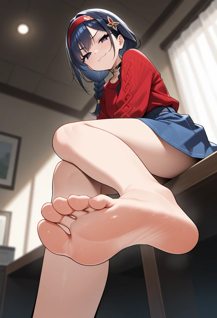 Maki Nishikino、lovelive 、Shared Indirect Writes、girl wearing a miniskirt, Sit with your legs wide apart、Looking down at the viewer, Plump thighs, Highest quality, Focus on the thighs, Spread your legs wide, smile, blazer, blouse, red pink panties、Black Pantyhose、classroom,,My thighs are steaming between my legs 、Sweaty black pantyhose、Please show me the soles of your feet、Sweaty feet、Footjob、Stroking the penis with the feet、the best、Violently stroke penis with feet、The penis ejaculates、Grab the penis with both feet、Stroke your penis with both feet、Semen launch