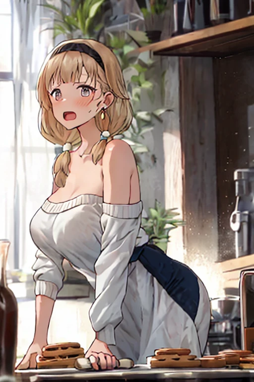 masterpiece, yor, 1girl, Amazing Cleavage:1.3, thin waist, big ass, Raised sexy, medium breast: 1.8 posed cleavage:1.2、solo, looking at viewer, open mouth, have a cup of coffee,black hair, red eyes, dress, bare shoulders, jewelry, collarbone, sidelocks, hairband, earrings, indoors, off shoulder, :o, sweater, arms behind back, plant, short hair with long locks, white hairband, off-shoulder dress, sweater dress, off-shoulder sweater, red sweater, big side hair, very long side hair,is rendered in (masterpiece: 1.2, best quality), with (ultra high resolution) and an exquisite (depth of field). This masterpiece is not only visually stunning but also tells, make of cake cooking ,in the kitchen