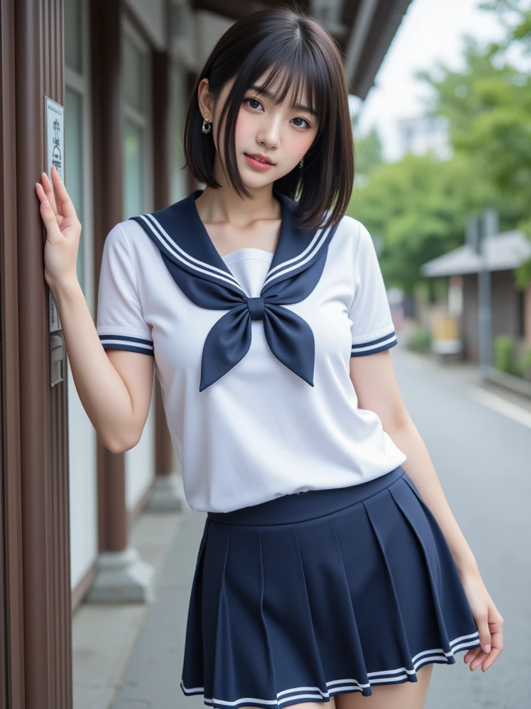 ((Top image quality、8K、masterpiece:1.3))、Realistic high-quality photos、top-quality、girl cute-fine face、 beautiful Japan girl、Photo of slim little girl iful girl model、young japanese girl、Young cute face、japanaese girl、13-year-old female model、Beautiful Model Girl、The innocent look of the girl next door、lovely delicate face、Brown hair、Beautiful brown eyes、Tear bag、drooing eyes、young body、((a sailor suit)),((Short sleeve uniform white shirt)),(red necktie),(Blue Mini Pleated Skirt)