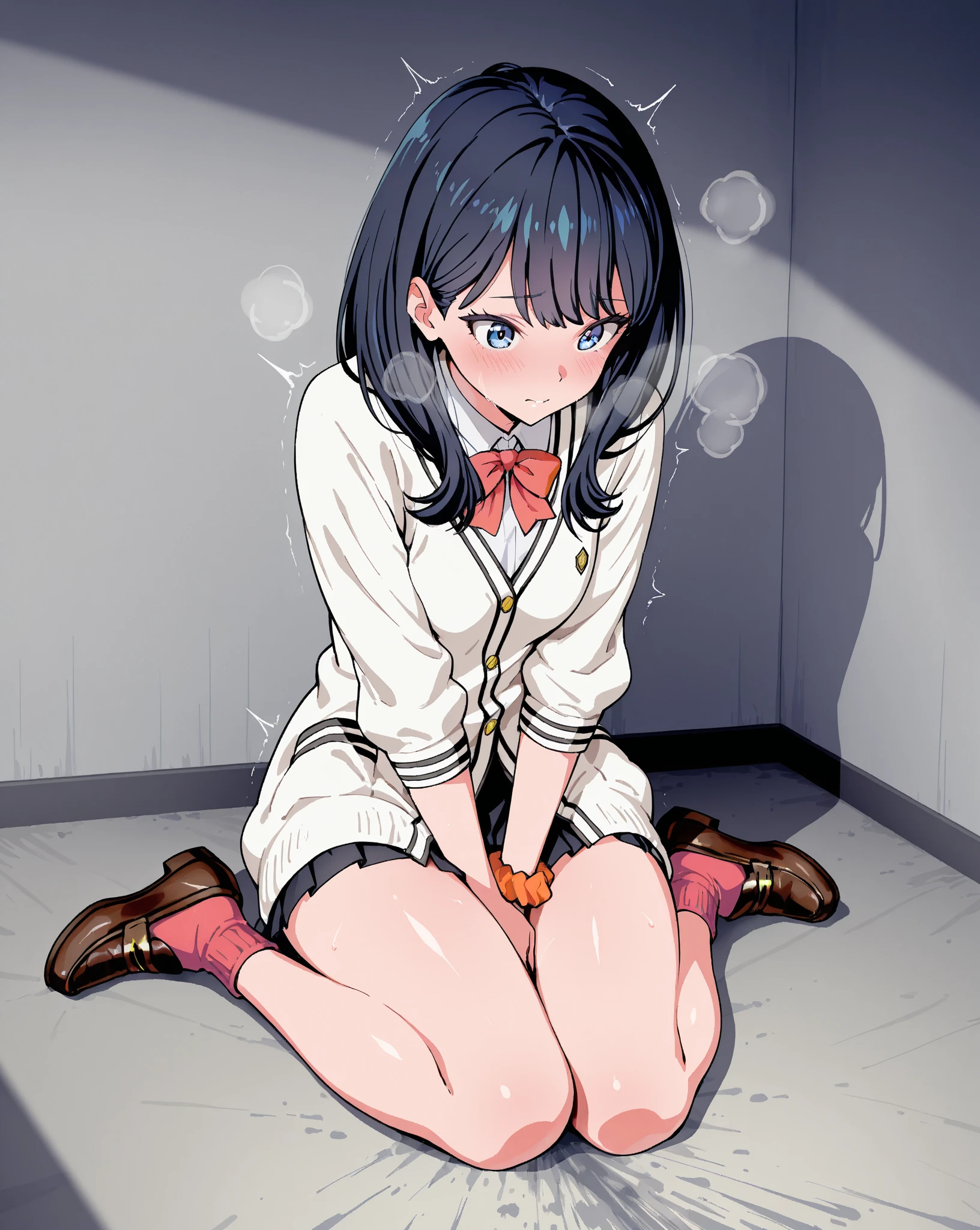 (8K、Highest image quality、highest quality、masterpiece)、detailed face、1 girl、black hair、short hair、hair between eyes、Dark-blue eyes、evil small、((grin))、small breasts、((white shirt))、((gray cardigan))、((black miniskirt))、white socks、loafers、sitting、knees up、full body、Taken from above、vaulting horse、White Matt、Gym storeroom background、((nsfw))