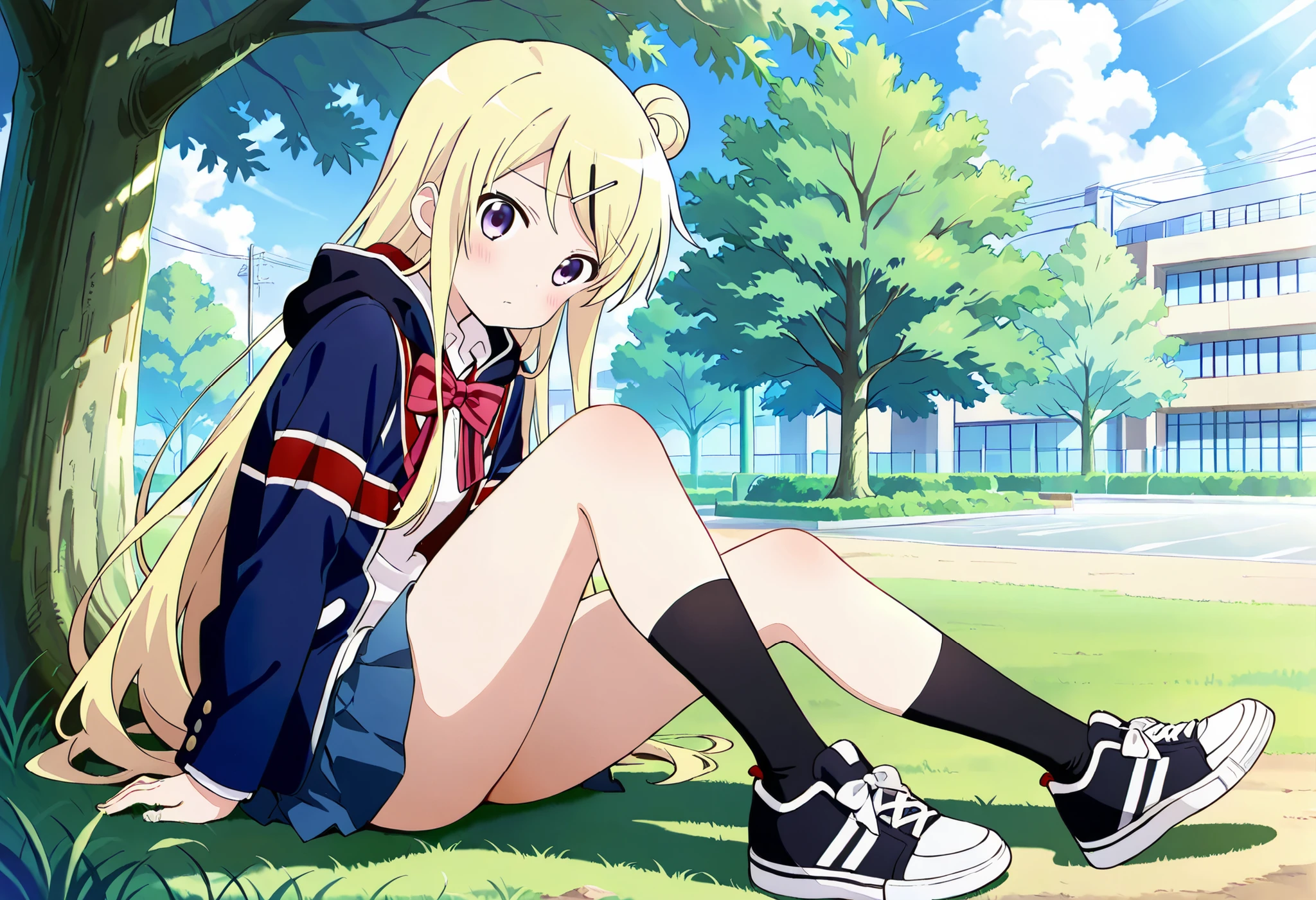 1girl, solo, long hair, looking at viewer, blush, blue eyes, skirt, blonde hair, shirt, hair ornament, bow, sitting, very long hair, school uniform, purple eyes, jacket, full body, pleated skirt, outdoors, sky, shoes, day, socks, hairclip, hood, bowtie, hair bun, black footwear, red bow, tree, single hair bun, grass, x hair ornament, black socks, building, sneakers, union jack,unwellness thick thighs kujou karen