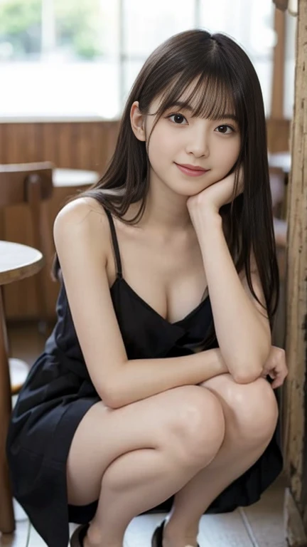 (A hyper-realistic)、(illustratio)、(hight resolution)、(8K)、(ighly detailed)、(Best Illustration)、(beautifully detailed eyes)、(top-quality)、(ultra-detailliert)、(​masterpiece)、(wall-paper）、（A detailed face）、独奏、1 girl in、looking at viewert、fine detailed、A detailed face、in the darkness nigth、deep-shadows、lowkey、pureerosfaceace_v1、A smile、long、Black shawl straight hair、46-point diagonal bangs,　（（White lace dress、a miniskirt））(off shoulders）（（（Beautiful woman on all fours on the balcony of the castle）））(((Skirt lifted by hand, ))),Tration: 1.1), (Best Shadow: 1.1), tongue、Vaginal orchids、Runny Vaginal Discharge、Blowing tide、Very beautiful breasts、 (Slim legs)、（posterior view））（stick out buttocks、）