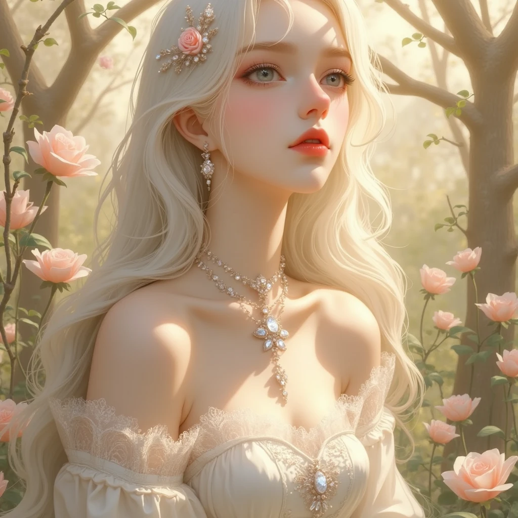 Model Deliberate, CG style realistic anime, A girl wearing transparent princess dress messy white hair up to the waist, red and vibrant eyes, iris of the eyes is magnificent and well detailed, her face is beautiful, her skin is soft as silk with peach velvet, her body is sculptural as of a ballerina, her mouth between open, Adobe Illustration, Trending on Artstation, 8K, hd, UHD, octane render, Unreal Engine 5, ambient lighting, floral theme, autumn afternoon, by Charlie Bowater,