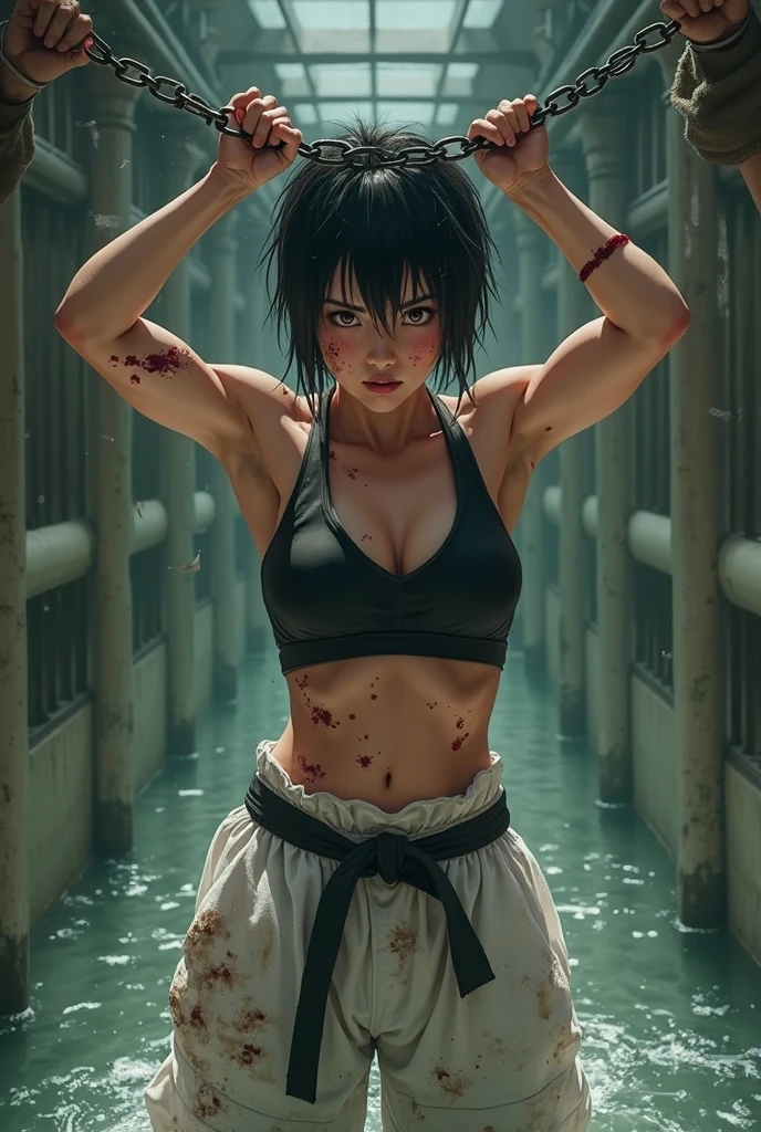 A young, beautiful, apanese female mixed martial artist is lying down in an alleyway. After defeat. After rape. Her body is covered with sperm. Sperm is flowing out of her crotch. She is open-mouthed, drooling, expressionless, and in tears. Short-cut black hair. Open finger gloves. Erect nipples. Small breasts.