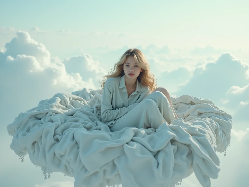a young Caucasian woman,full body,no shoes,5 toes each foot,dressed in large cotton ball made to look like a cloud,(best quality,4k,8k,highres,masterpiece:1.2),ultra-detailed,(realistic,photorealistic,photo-realistic:1.37),HDR,UHD,studio lighting,ultra-fine painting,sharp focus,physically-based rendering,extreme detail description,professional,vivid colors,bokeh,ethereal,dreamy,whimsical,soft lighting,warm color tones