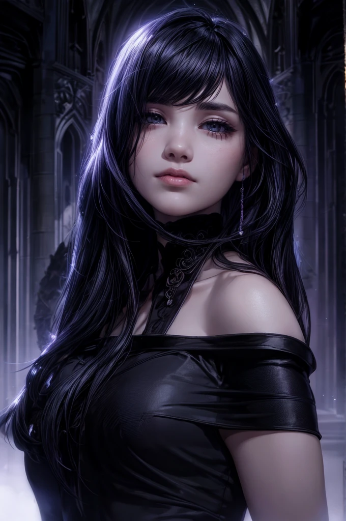Beautiful woman reminiscent of Yennefer from The Witcher with long black hair and violet eyes bright as constellations, obra prima, ultra qualidade, 8k, cabelos caindo sobre seus ombros, in the background a cemetery, She's wearing a black suit and tie...