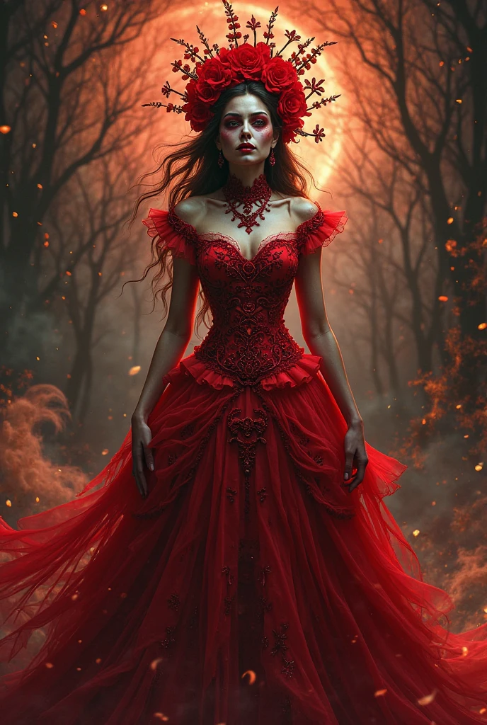 mysterious woman, long wavy blonde hair, Red eyes, red and black necklaces, queen of hell, Super sexy red dress with gold and black details, melted candles, black magic book, whole body, walking among the dead , black dream catcher, black feathers , evil smile, laugh , full moon, evening, pearl  