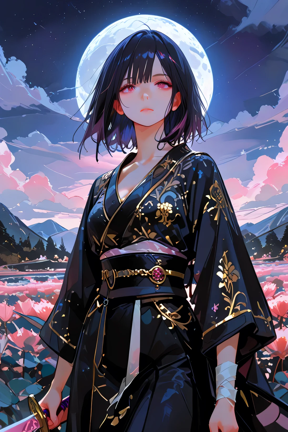Masterpiece, Best Quality, Top Quality, Very Detailed, 1 girl, score_9, score_8_up, score_7_up, A young Asian woman with dark hair and striking reddish-pink eyes, rendered in a stylized anime/manga art style. She has a calm, serene expression, holding a large sword diagonally across the frame. Her outfit is a dark teal/black kimono with ornate gold trim, layered with white bandages wrapped around her arms. Slender yet poised, she stands under a night sky dominated by a glowing full moon in the upper right. The background features stylized trees and scattered clouds, with a dark blue color palette enhancing the mystical atmosphere. The perspective is slightly elevated, adding a sense of awe and majesty. Vibrant yet cool-toned colors, strong outlines, and detailed character design create a balanced composition—centered yet dynamic, with the sword and her extended arms guiding the viewer’s eye. The overall aesthetic is cinematic anime, blending fantasy and quiet intensity.