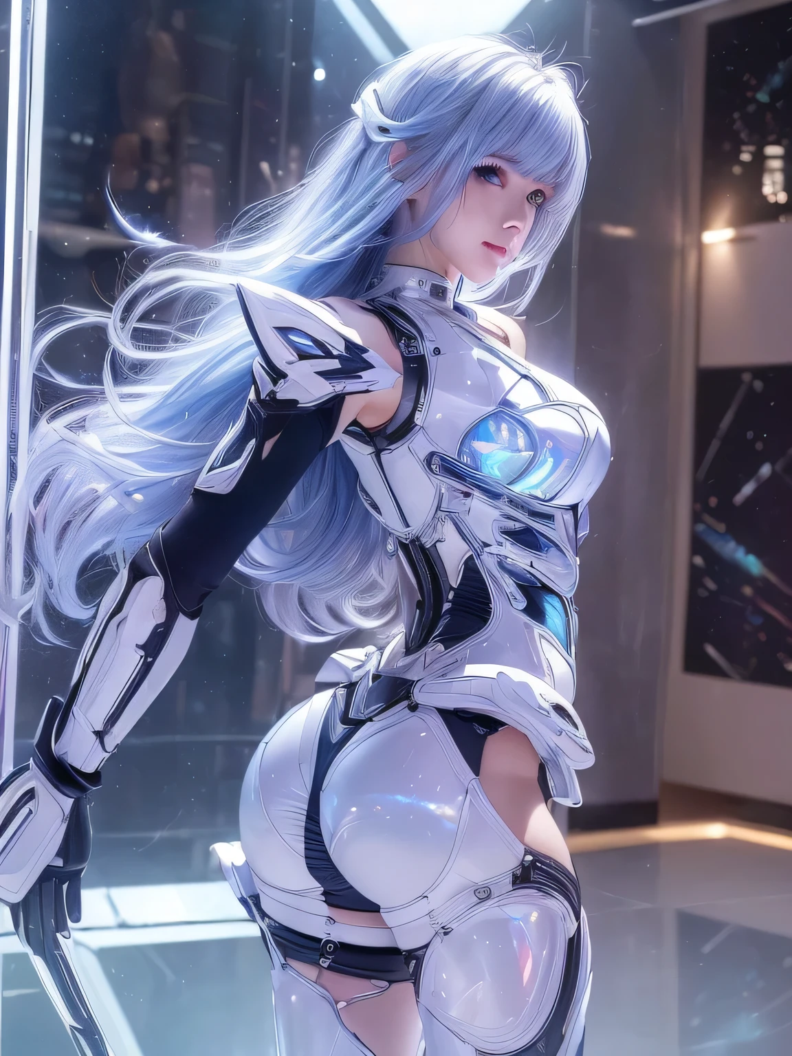 Super Detail, High Detail, high quality, best quality, High resolution，1 female robot，Beautiful female robot,beautiful clear face(Rain waves_haneame：1.5)， Realistic, High resolution, Soft Light,Hips up, (Detailed face), silver hair, long hair, Mecha Maiden, Colorful mechanical parts, mechanical joint, Thick mechanical armor,Weaponry, All metal body, Technology Antenna Hair Accessories